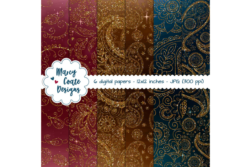 paisley-glitter-digital-papers-in-wine-teal-and-chocolate