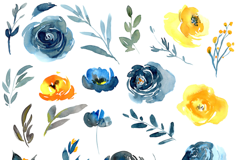 Watercolor blue orange flowers png By WatercolorFlowers | TheHungryJPEG.com