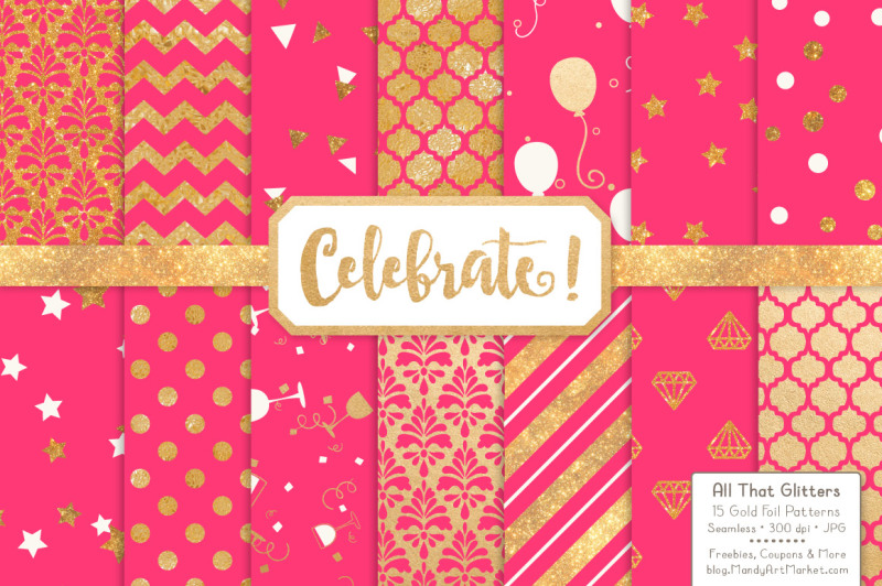 celebrate-gold-glitter-digital-papers-in-hot-pink