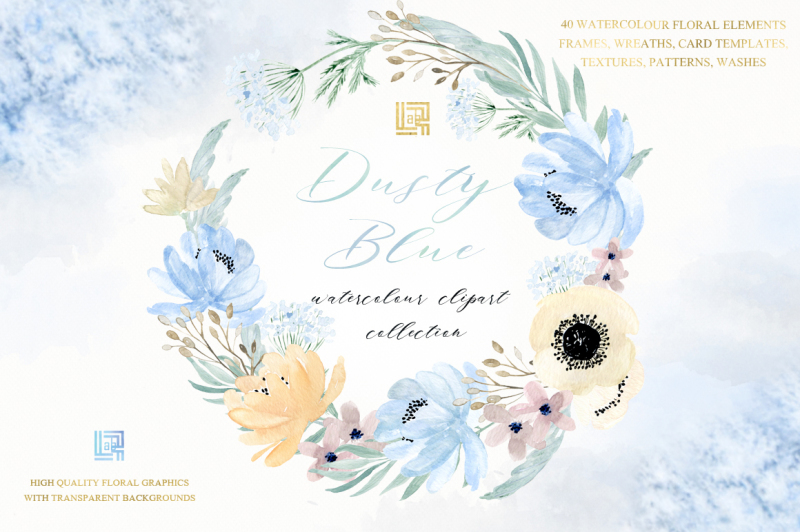 dusty-blue-and-gold-watercolour-flowers-digital-clipart-hand-drawn-soft-blue-grey-and-cream-colors