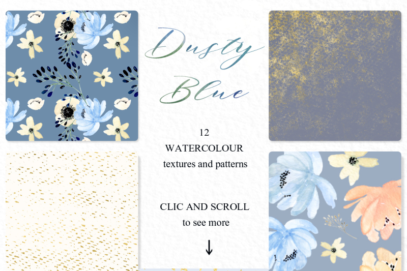 dusty-blue-and-gold-watercolour-flowers-digital-clipart-hand-drawn-soft-blue-grey-and-cream-colors