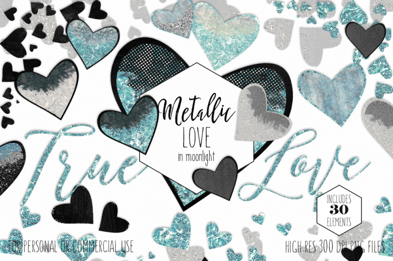 glam-hearts-love-clipart-in-teal-black-silver-and-aqua-metallic