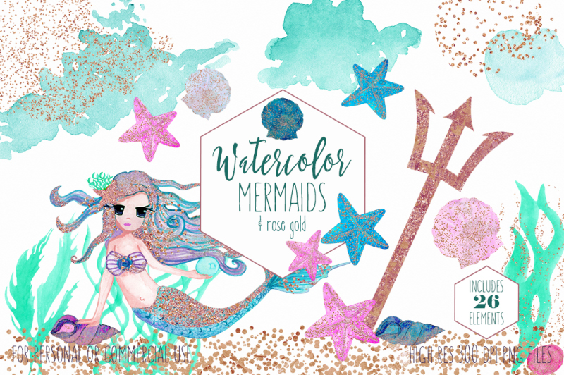 watercolor-mermaid-ocean-clipart-with-metallic-rose-gold