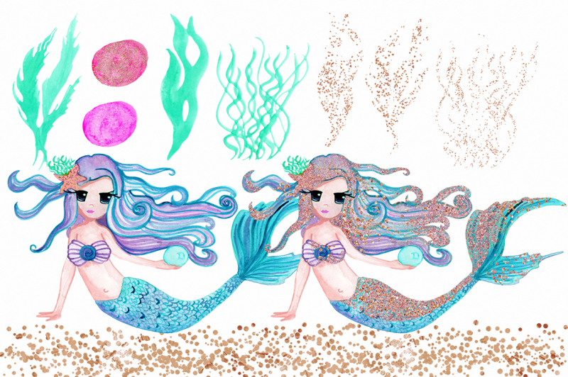 watercolor-mermaid-ocean-clipart-with-metallic-rose-gold