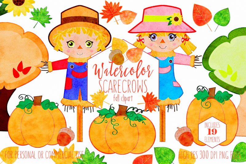 autumn-watercolor-scarecrow-boy-and-girl-fall-pumpkin-clipart-set