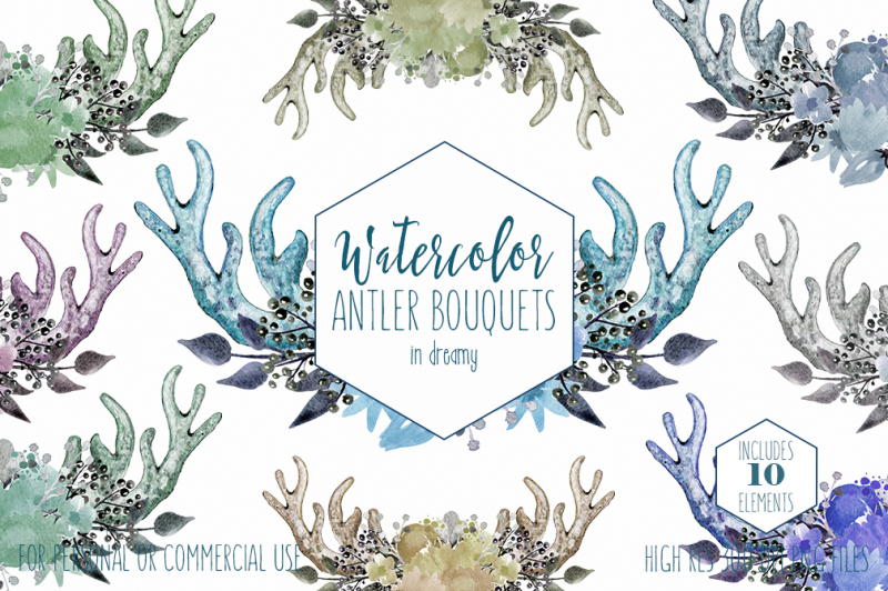 watercolor-floral-antler-bouquets-blue-floral-arrangements-boho-chic-clipart