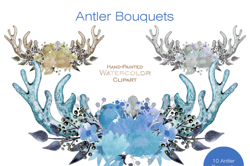 watercolor-floral-antler-bouquets-blue-floral-arrangements-boho-chic-clipart