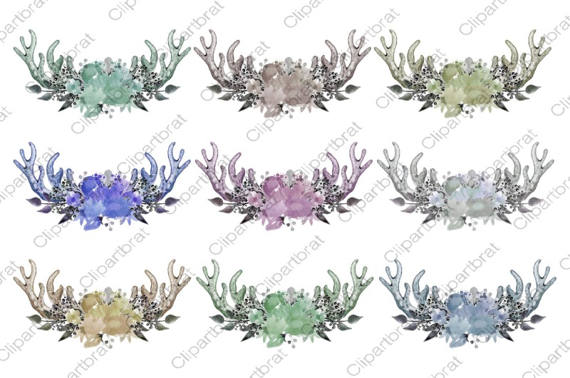 watercolor-floral-antler-bouquets-blue-floral-arrangements-boho-chic-clipart