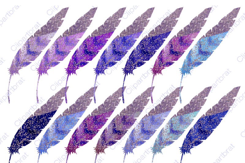 mauve-confetti-metallic-dipped-tribal-boho-feathers-clipart-in-purple-and-blue