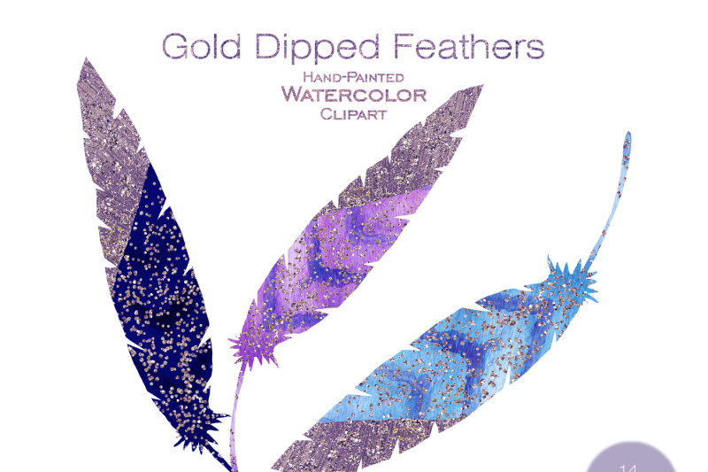 mauve-confetti-metallic-dipped-tribal-boho-feathers-clipart-in-purple-and-blue