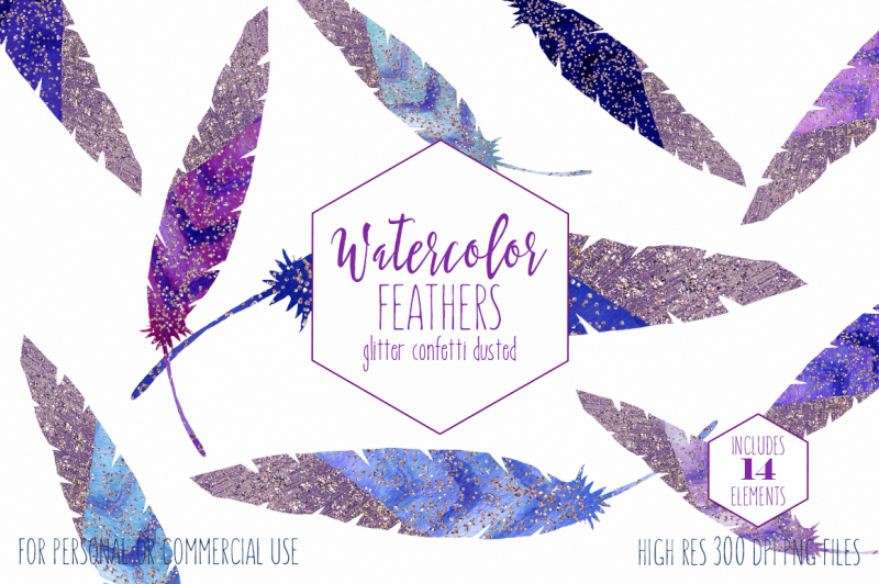 mauve-confetti-metallic-dipped-tribal-boho-feathers-clipart-in-purple-and-blue