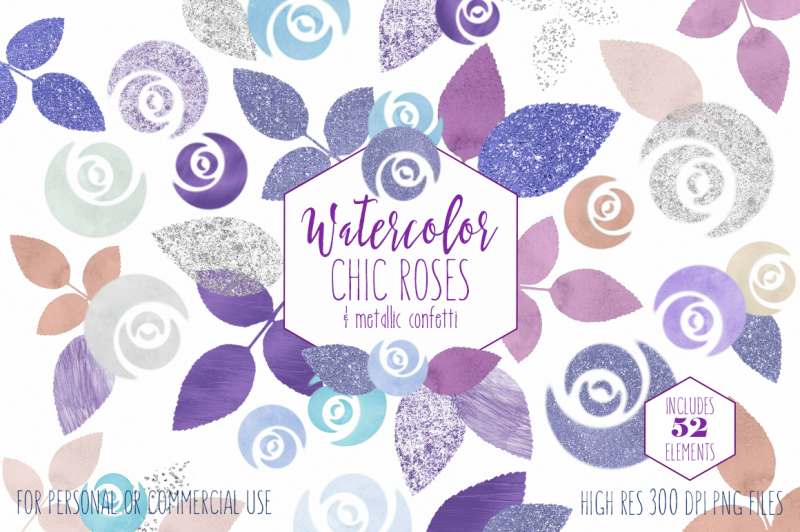 watercolor-chic-rose-floral-clipart-with-metallic-glitter-confetti-in-blue-purple-and-aqua