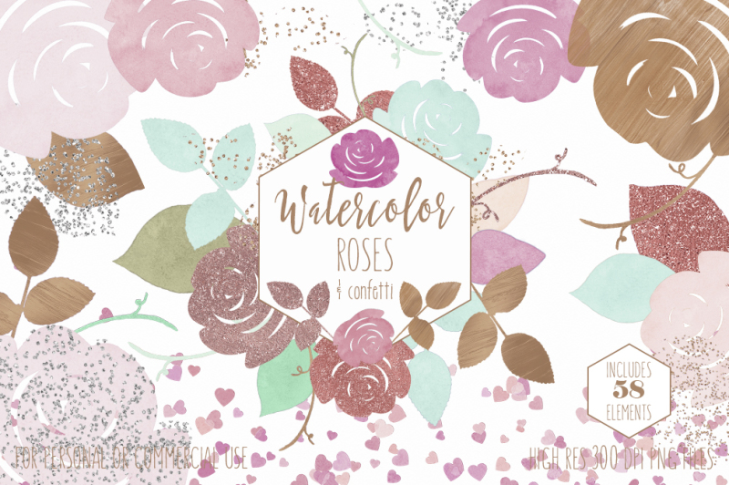 watercolor-roses-floral-clipart-set-in-blush-pink-mint-and-rose-gold-with-glitter-confetti-and-hearts