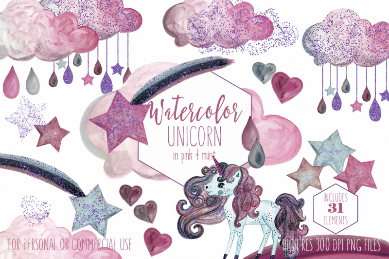 blush-pink-and-mint-watercolor-unicorn-and-rainbow-rain-clouds-clipart-set