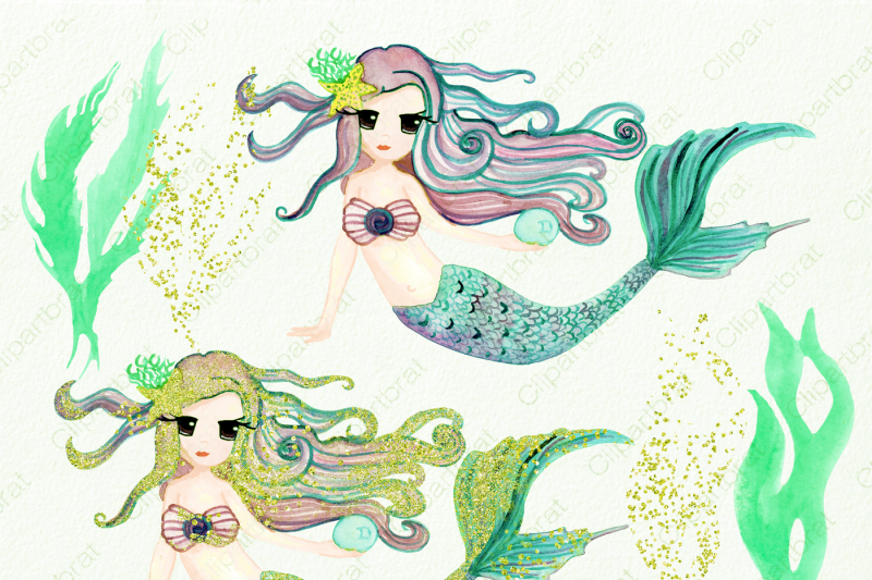 mint-and-peach-watercolor-mermaid-ocean-clipart-with-metallic-gold-confetti-overlays