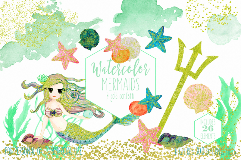 mint-and-peach-watercolor-mermaid-ocean-clipart-with-metallic-gold-confetti-overlays