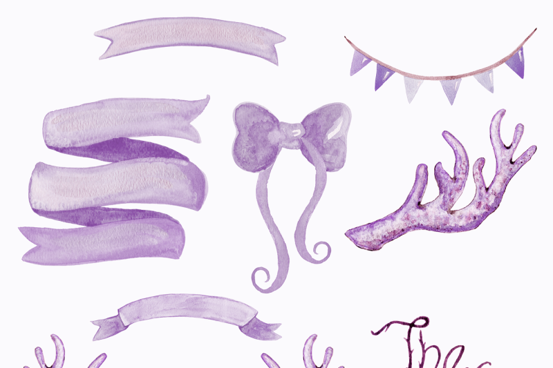 lilac-purple-and-burgundy-romantic-watercolor-floral-and-antlers-wedding-graphics-clipart-set