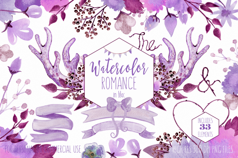 lilac-purple-and-burgundy-romantic-watercolor-floral-and-antlers-wedding-graphics-clipart-set