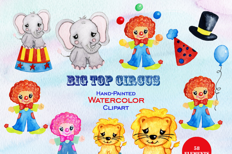 fun-watercolor-circus-clipart-graphic-bundle-with-clowns-balloons-animals-train-and-digital-background-papers