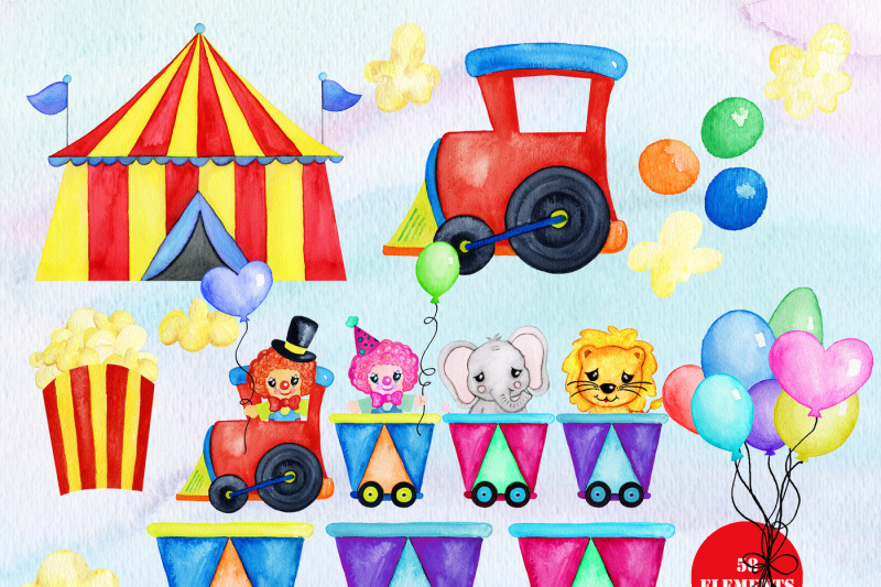 fun-watercolor-circus-clipart-graphic-bundle-with-clowns-balloons-animals-train-and-digital-background-papers