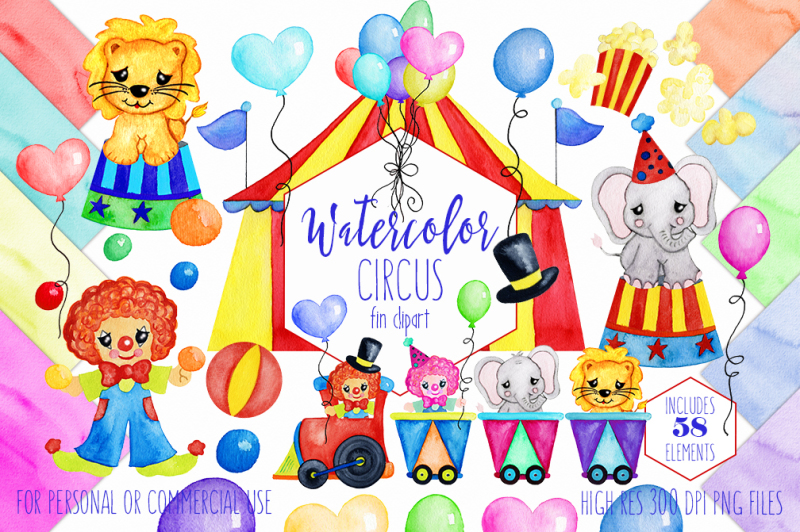 fun-watercolor-circus-clipart-graphic-bundle-with-clowns-balloons-animals-train-and-digital-background-papers