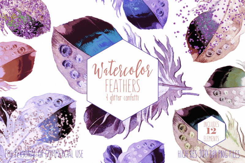 purple-and-blue-watercolor-feathers-boho-chic-graphic-set