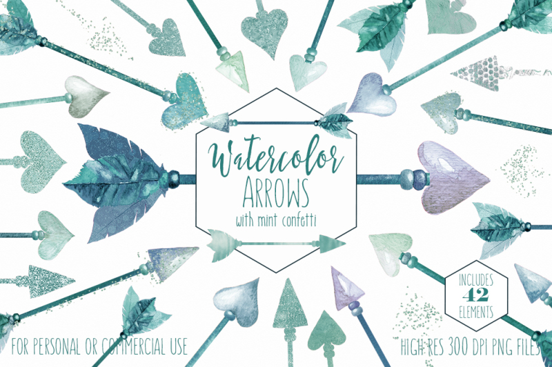 mint-and-teal-watercolor-arrows-with-feathers-tribal-bohemian-valentine-s-day-clipart-set