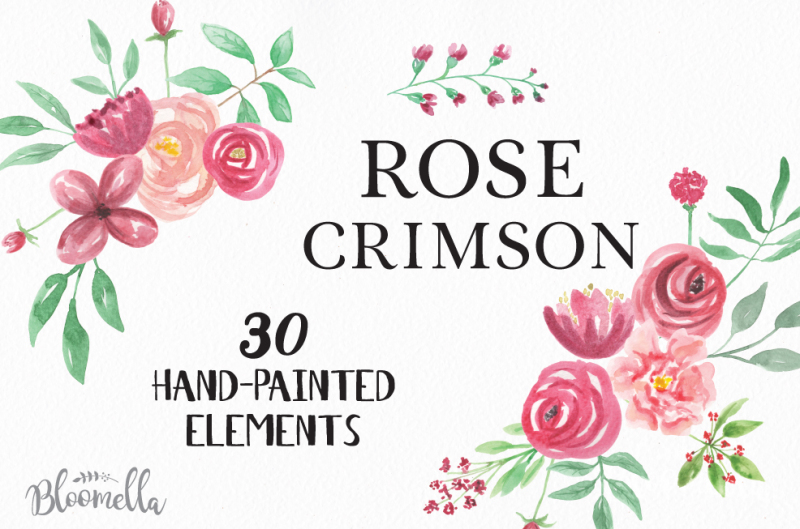 30-watercolour-clipart-elements-spring-summer-wedding-hand-painted-rose-crimson-pieces