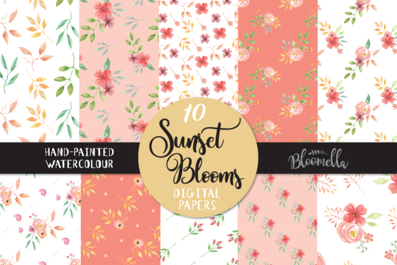 sunset-blooms-watercolor-seamless-patterns-digital-papers-hand-painted-pretty-flowers