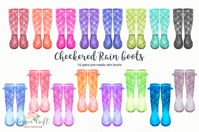 watercolor-checkered-rain-boots