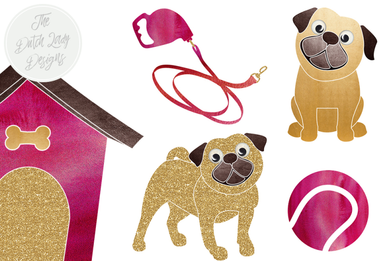 pug-and-dog-accessories-clipart-set-in-fuchsia-pink-and-gold