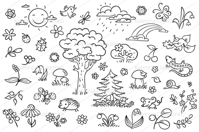 cartoon-nature-set-with-trees-flowers-berries-and-small-forest-animals