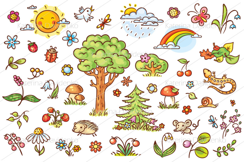 cartoon-nature-set-with-trees-flowers-berries-and-small-forest-animals