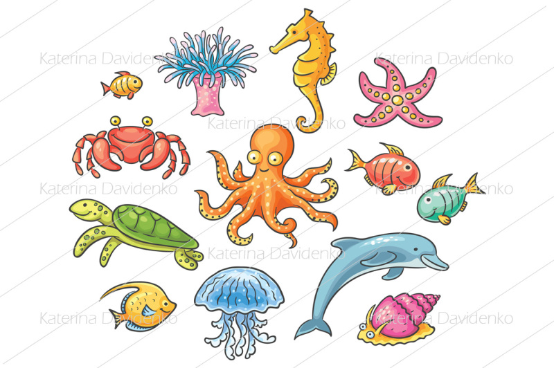 Set of cartoon sea animals By Optimistic Kids Art | TheHungryJPEG.com