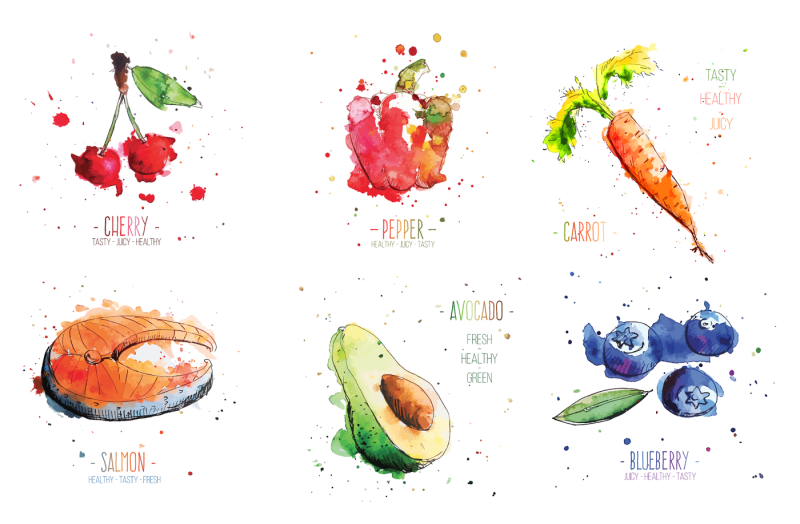 watercolor-food-vegetables-fruits-and-fish-vector