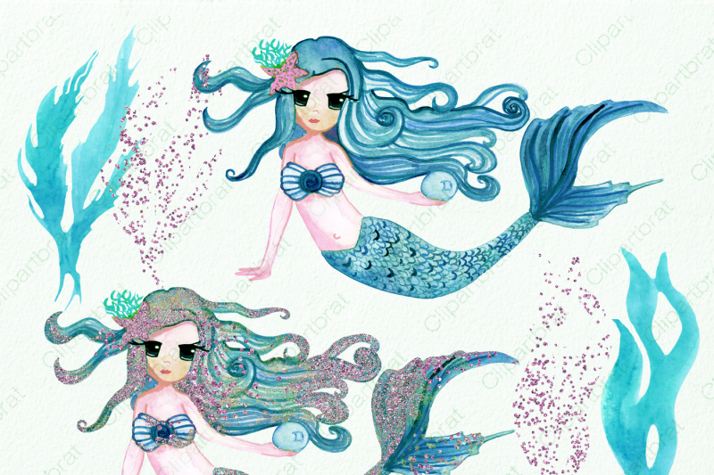Download Cute Watercolor Mermaids & Glitter By ClipartBrat ...