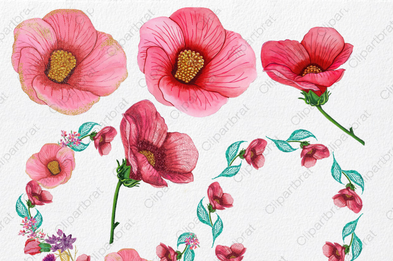 tropical-watercolor-flowers-in-pink-and-gold