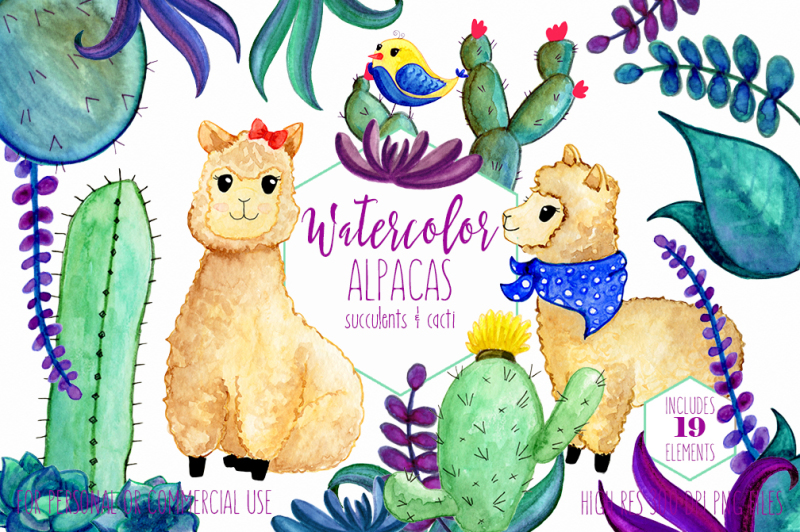 cute-watercolor-llamas-cactus-and-succulents