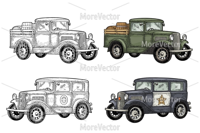 retro-police-car-sedan-with-sheriff-star-and-pickup-truck-with-wood-ba