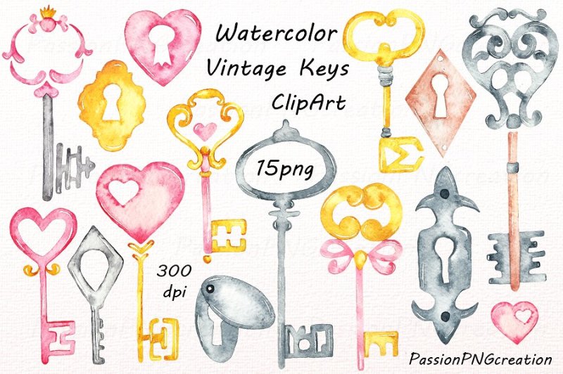 watercolor-vintage-keys-clipart