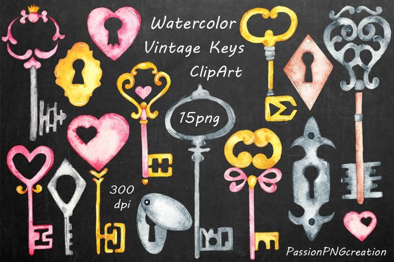 watercolor-vintage-keys-clipart