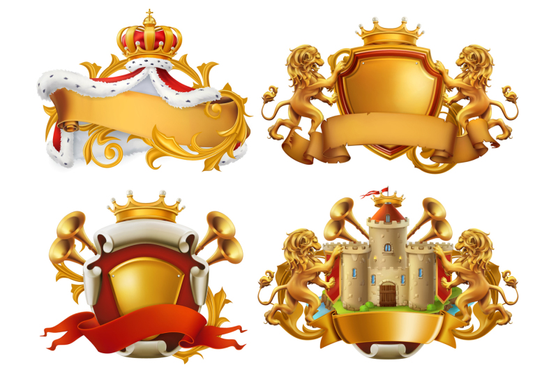 gold-crown-coats-of-arms-red-flags-and-ribbons-vector-icon-set