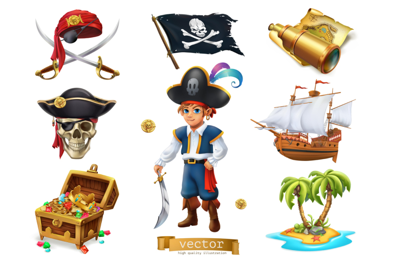 pirates-set-3d-vector-icon