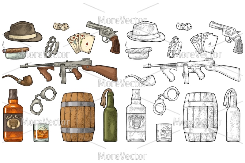 gangster-mafia-set-engraving-vintage-vector-color-illustration