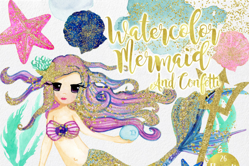 cute-watercolor-mermaids-with-gold-ocean-beach-graphics