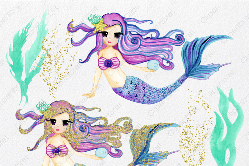 cute-watercolor-mermaids-with-gold-ocean-beach-graphics