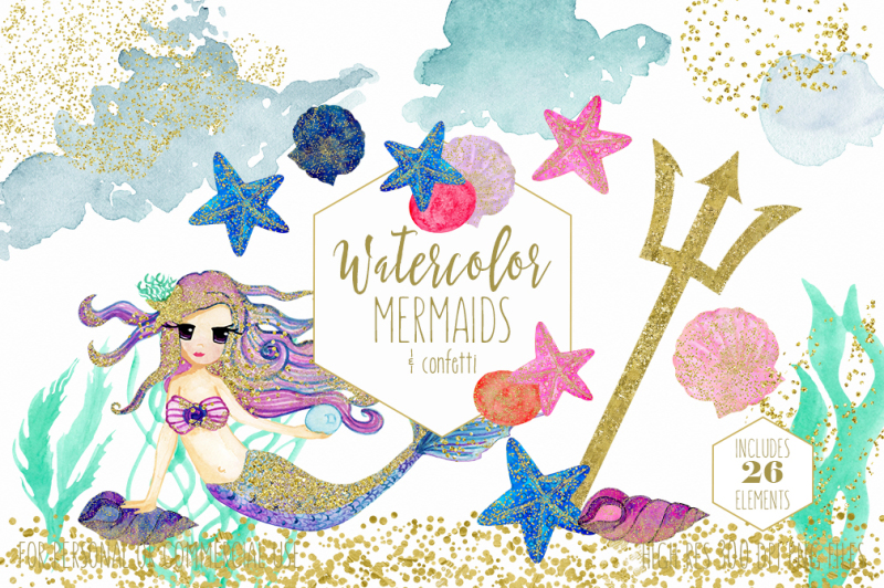 cute-watercolor-mermaids-with-gold-ocean-beach-graphics