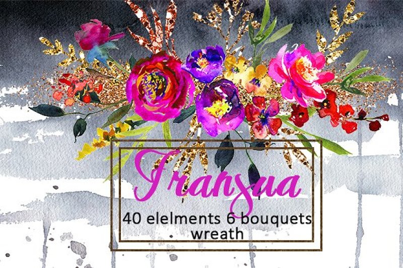 frasua-purple-pink-gold-watercolor-floral-clipart-collection