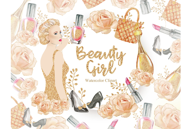beauty-girl-clipart-watercolor-clipart-beauty-nail-woman-gold-bag