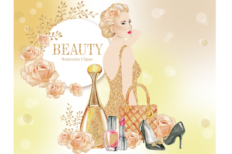 beauty-girl-clipart-watercolor-clipart-beauty-nail-woman-gold-bag